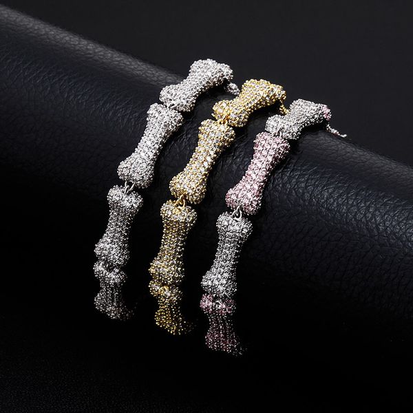 new design 9mm width7/ 8inch bling cz bone shaped bracelet gold silver color ice out cz bracelet hip hop jewelry wholesale, Black